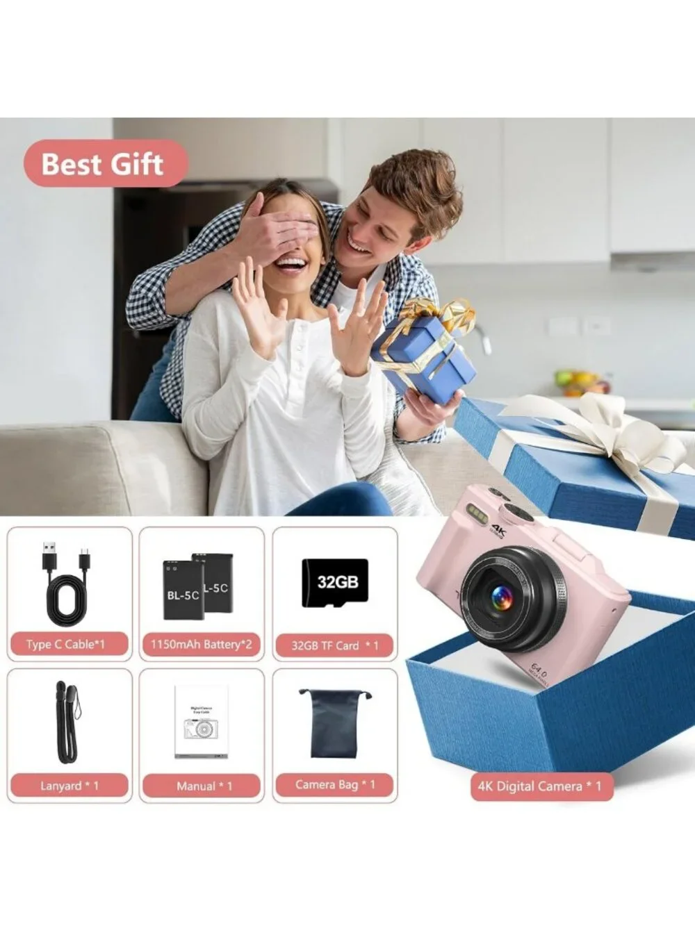 Compact 4K Vlogging Camera with 180° Flip Screen, 18X Zoom, 32GB Card & 2